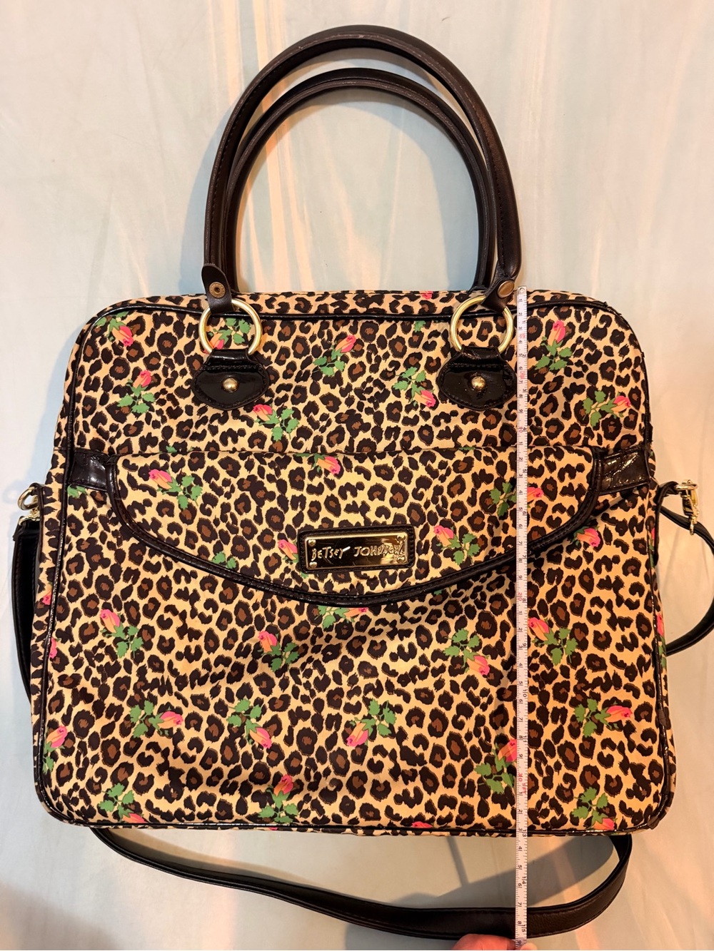 Betsey Johnson Leopard Print Satchel Laptop bag with Pink & Green Floral Accents - Picture 4 of 6